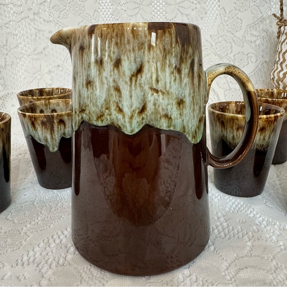 Brown Drip Glaze Pottery Pitcher & Glasses Set - Picture 3 of 3